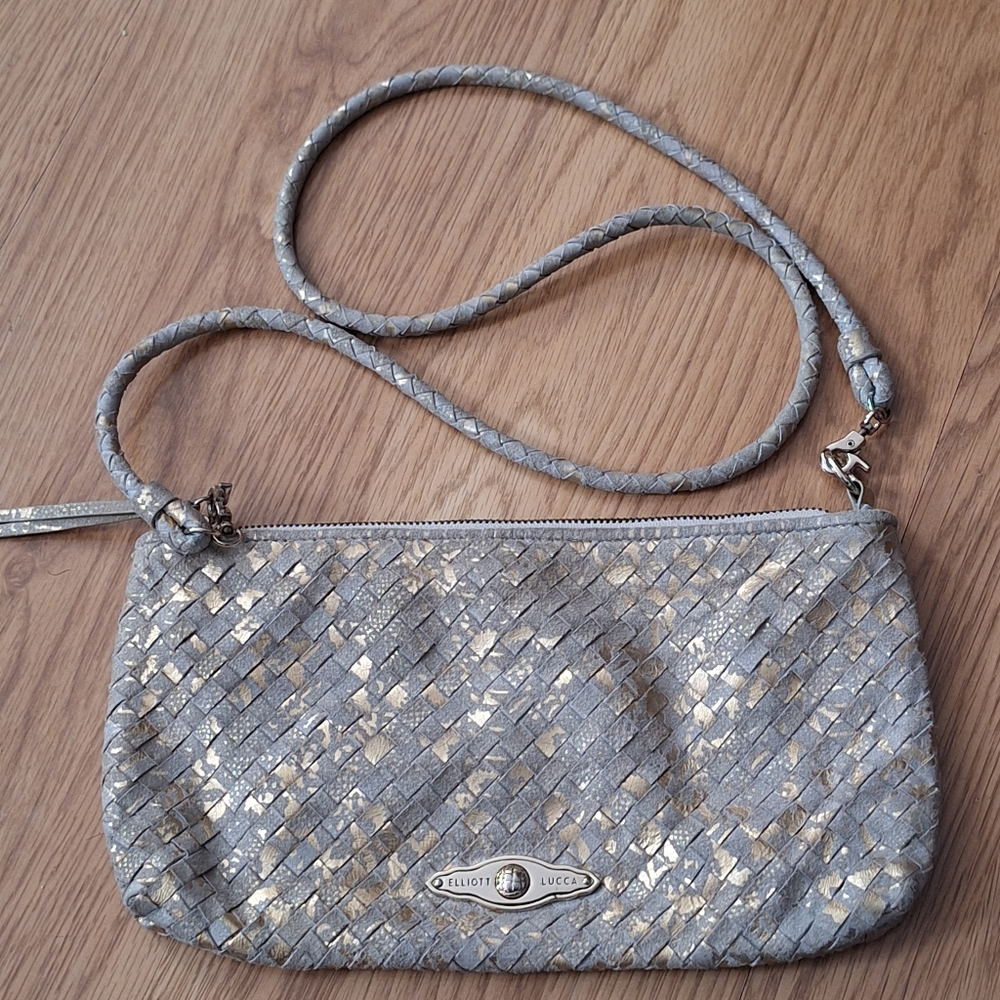Elliot Lucca Woven Leather Convertible Crossbody Gold and Silver Leather EUC